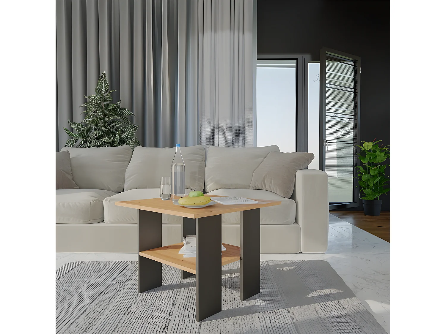 AURA - Mesa de centro cuadrada de estilo industrial - 60x60x45 cm - Mesa de centro con decoración de madera