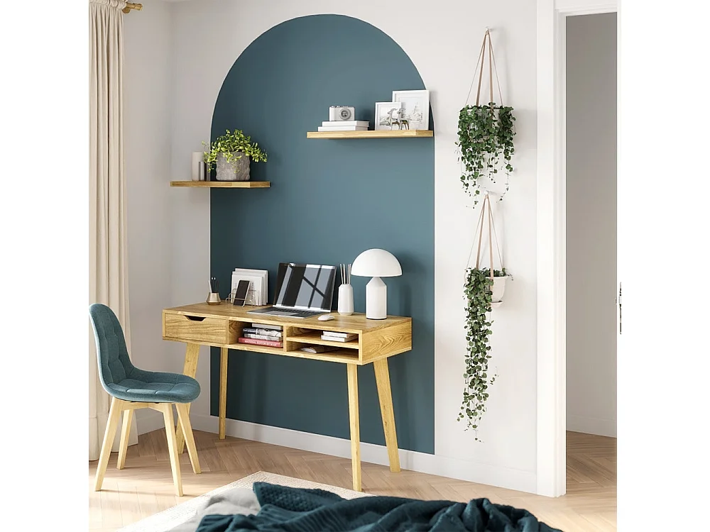 Scrivania con 1 cassetto e 3 nicchie in legno chiaro - Moka