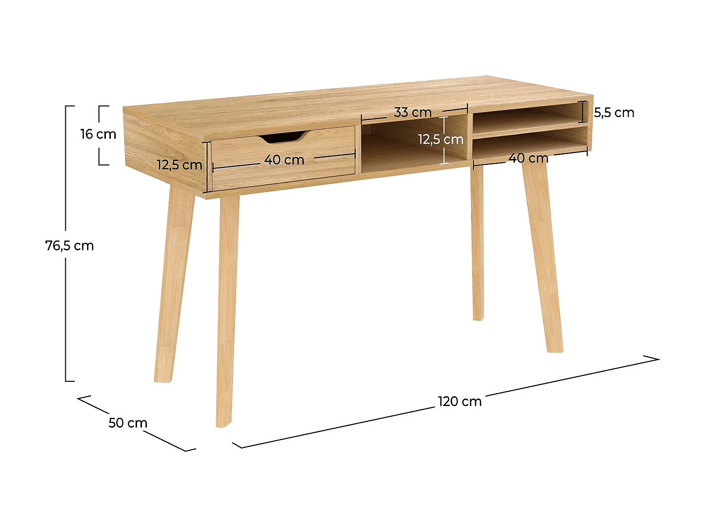 Scrivania con 1 cassetto e 3 nicchie in legno chiaro - Moka