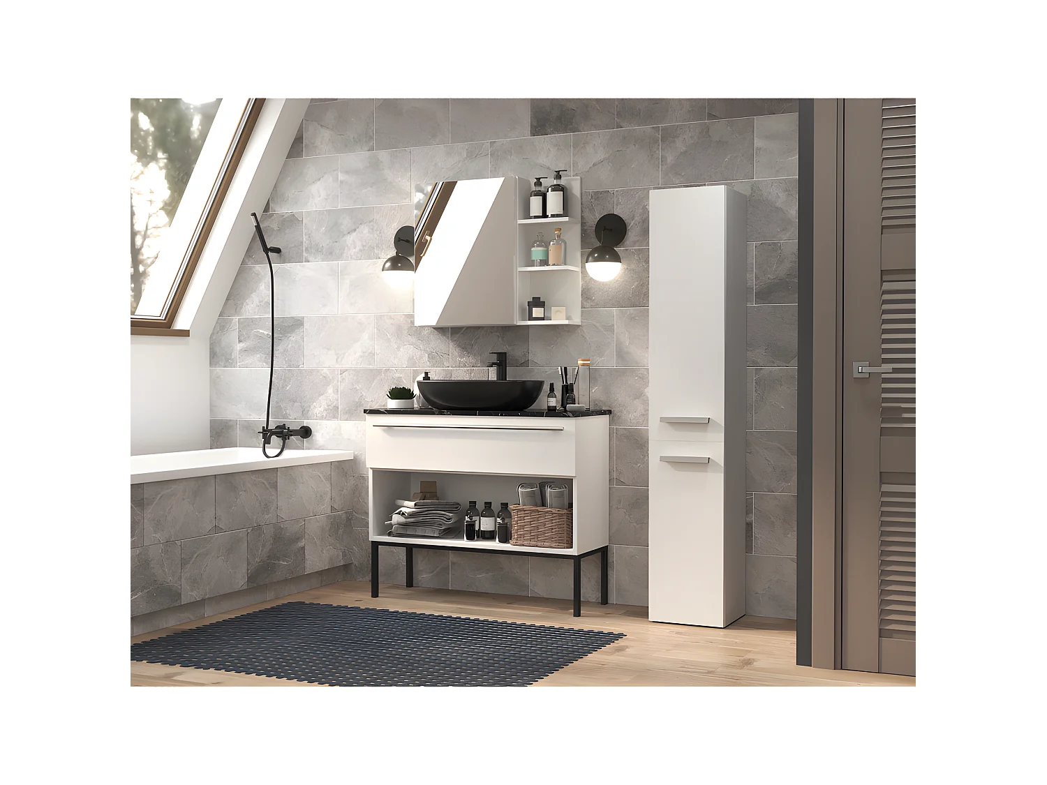 KOMMA - Meuble salle de bain 2 portes - 31x30x174 cm - Colonne rangement SDB