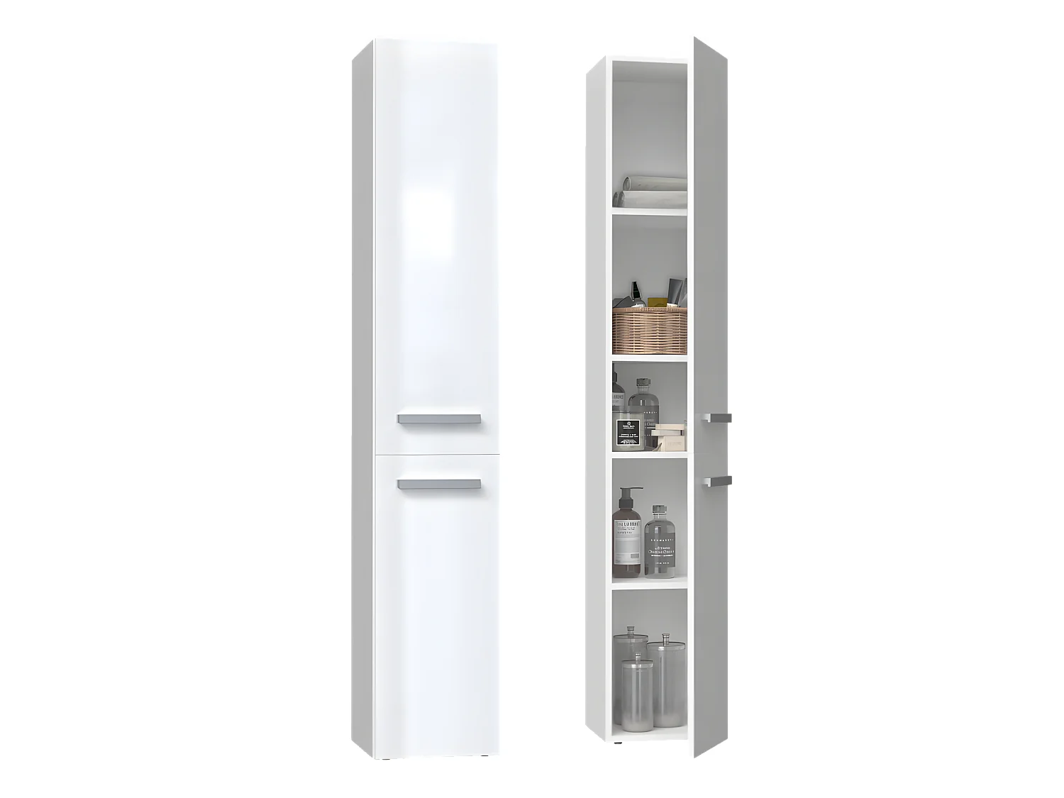 CDF Bad-Hochschrank NEL ll | Farbe: Weiß glänzend | Modernes Badregal | Stauraumschrank | Geräumige Einlegeböden | Türen | Einfache Montage | Stilvolle Griffe