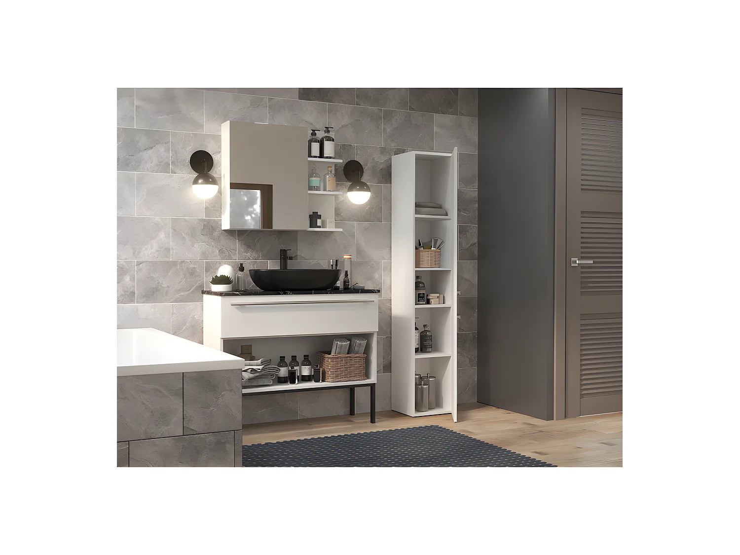 CDF Bad-Hochschrank NEL ll | Farbe: Weiß glänzend | Modernes Badregal | Stauraumschrank | Geräumige Einlegeböden | Türen | Einfache Montage | Stilvolle Griffe