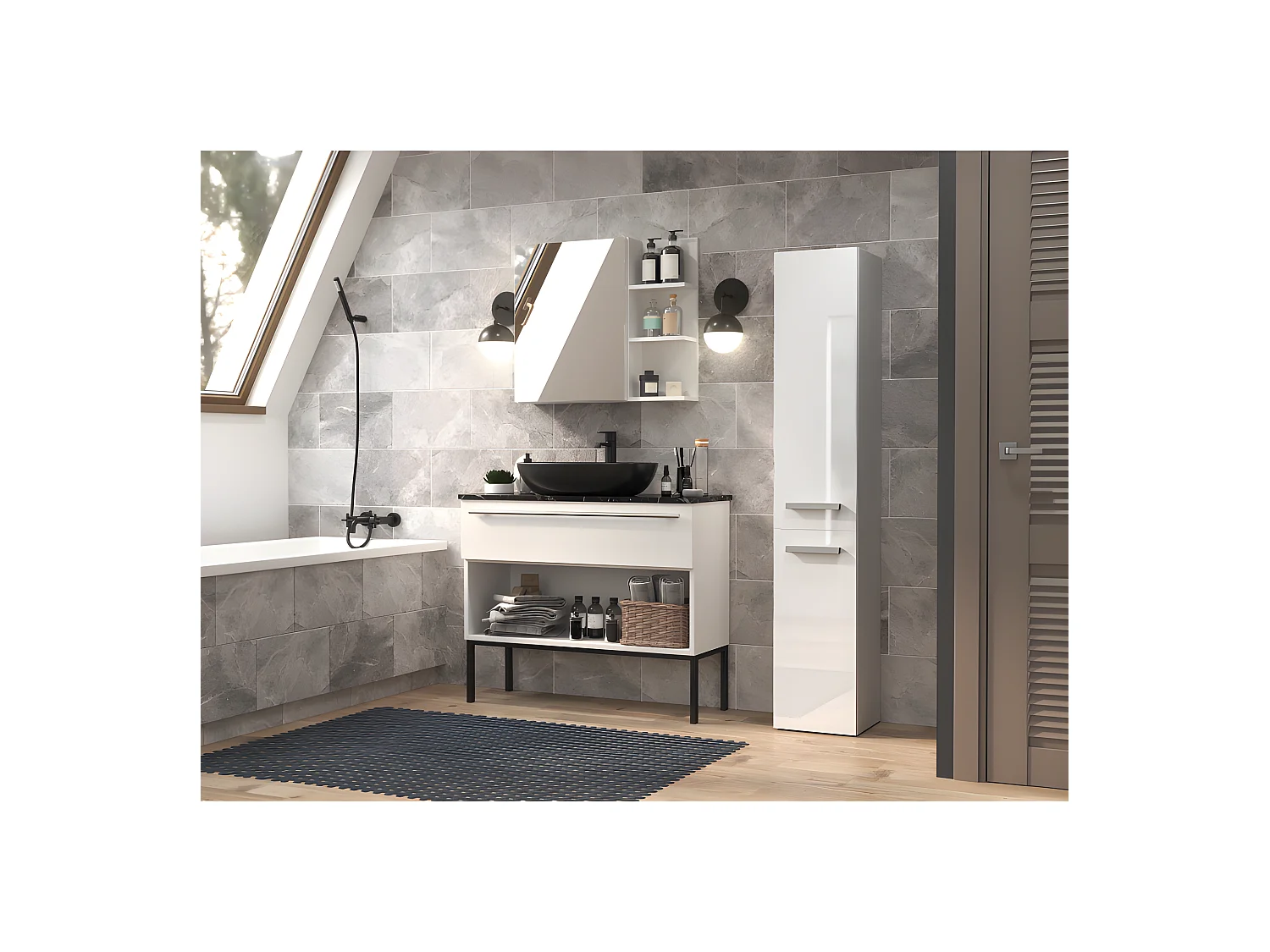 CDF Bad-Hochschrank NEL ll | Farbe: Weiß glänzend | Modernes Badregal | Stauraumschrank | Geräumige Einlegeböden | Türen | Einfache Montage | Stilvolle Griffe