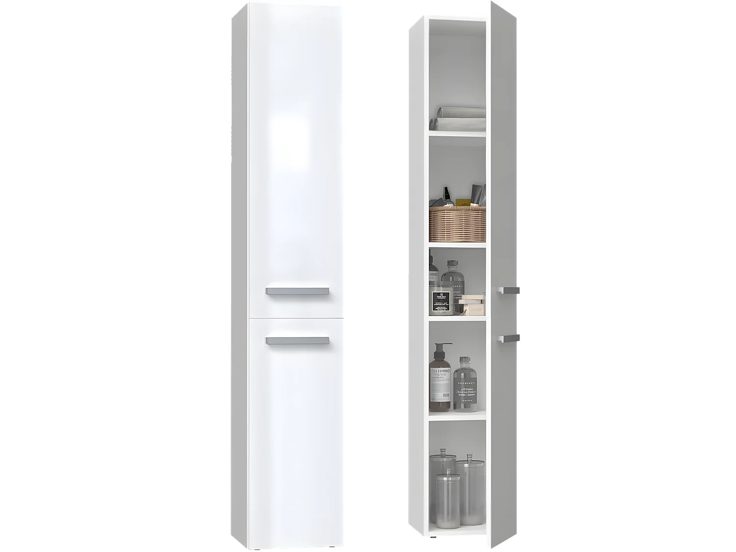 CDF Bad-Hochschrank NEL ll | Farbe: Weiß glänzend | Modernes Badregal | Stauraumschrank | Geräumige Einlegeböden | Türen | Einfache Montage | Stilvolle Griffe