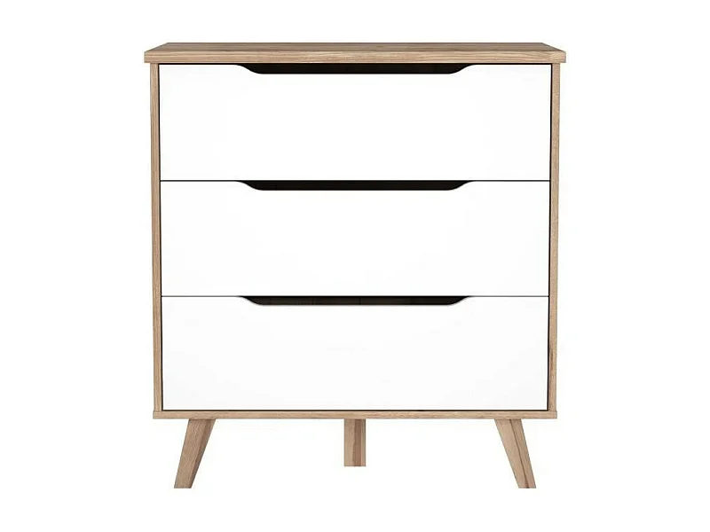 Commode 3 tiroirs scandinave - Décor chene et blanc mat - Pieds en massif - L 80 cm - VANKKA