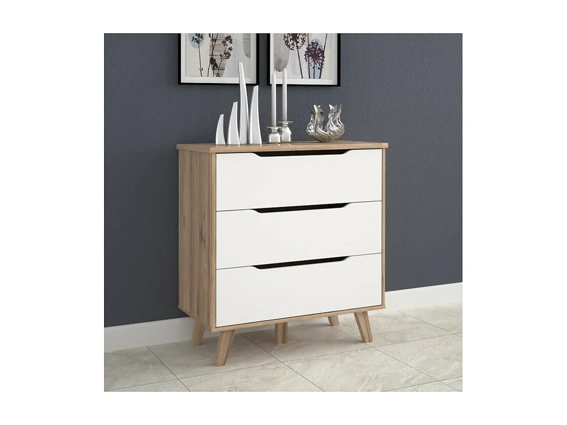 Kommode mit 3 Schubladen – Eiche und Mattweiß – Massive Füße – skandinavisch 80 cm – VANKKA