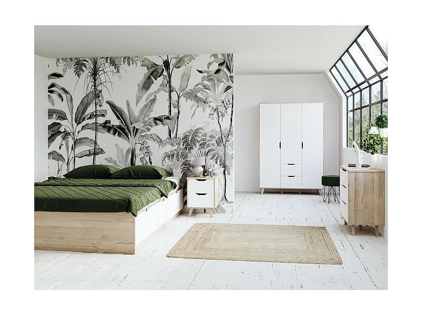 Kommode mit 3 Schubladen – Eiche und Mattweiß – Massive Füße – skandinavisch 80 cm – VANKKA