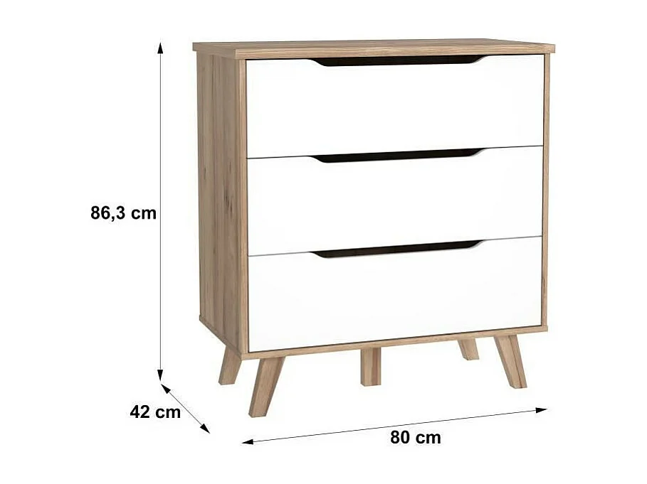 Kommode mit 3 Schubladen – Eiche und Mattweiß – Massive Füße – skandinavisch 80 cm – VANKKA