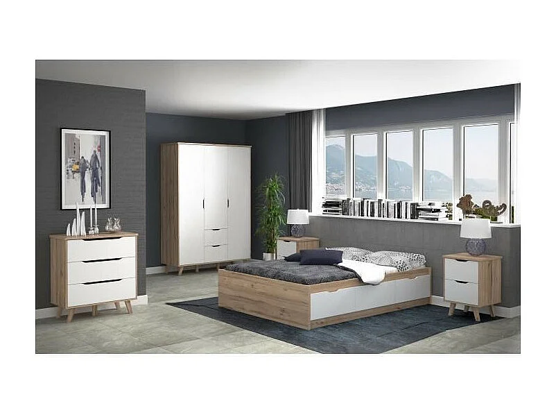 Kommode mit 3 Schubladen – Eiche und Mattweiß – Massive Füße – skandinavisch 80 cm – VANKKA