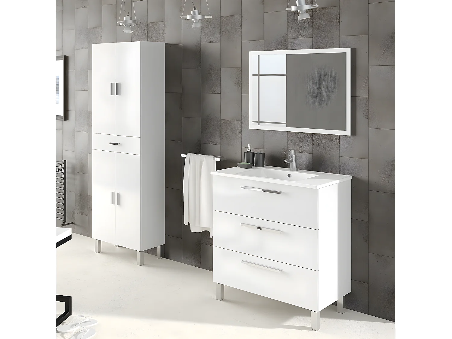 Colonne 4 portes et 1 tiroir blanc brillant L60 cm