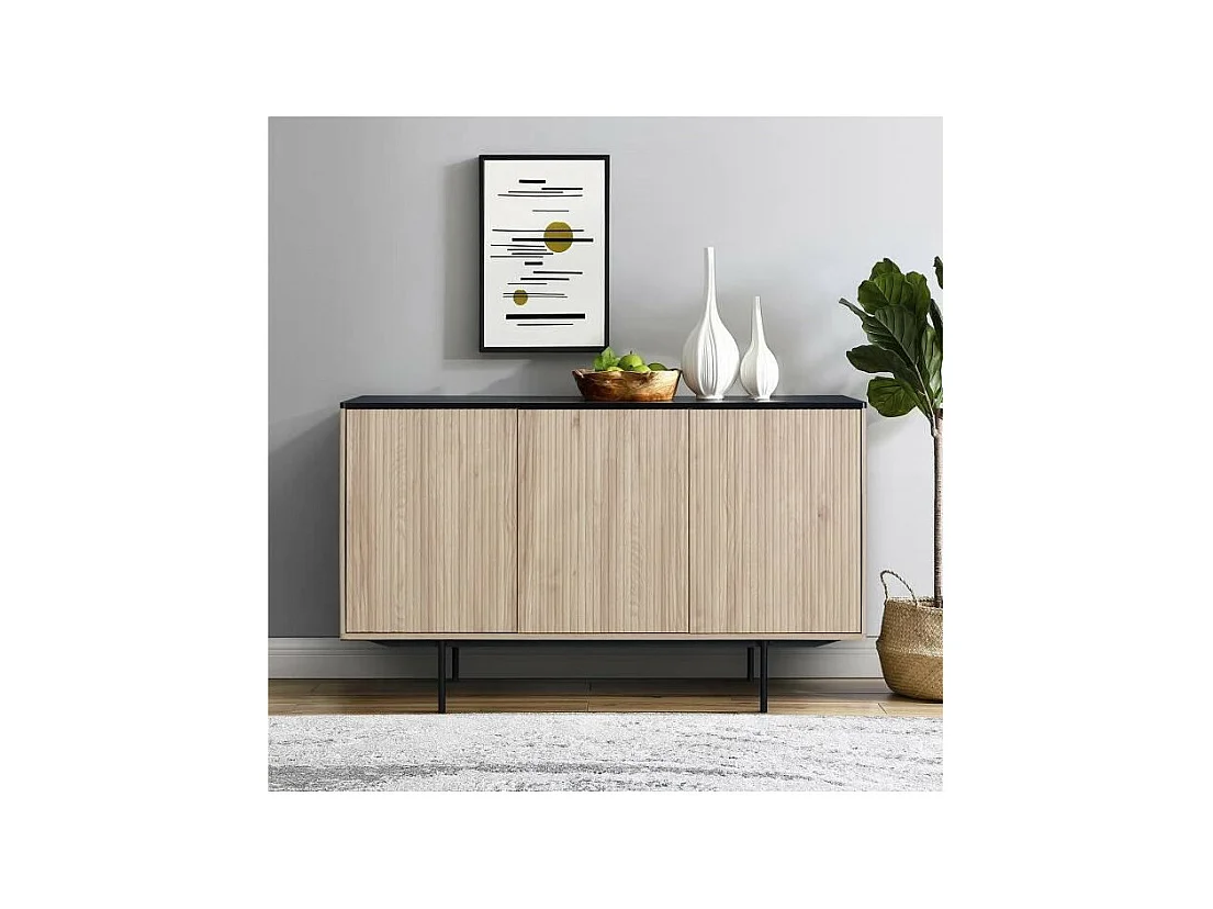 Buffet - Décor bois et noir - 3 portes - MEMPHIS - L 140 x P 39 x H 82,80 cm