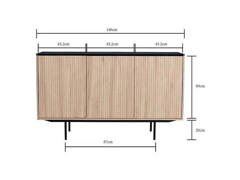 Buffet - Décor bois et noir - 3 portes - MEMPHIS - L 140 x P 39 x H 82,80 cm