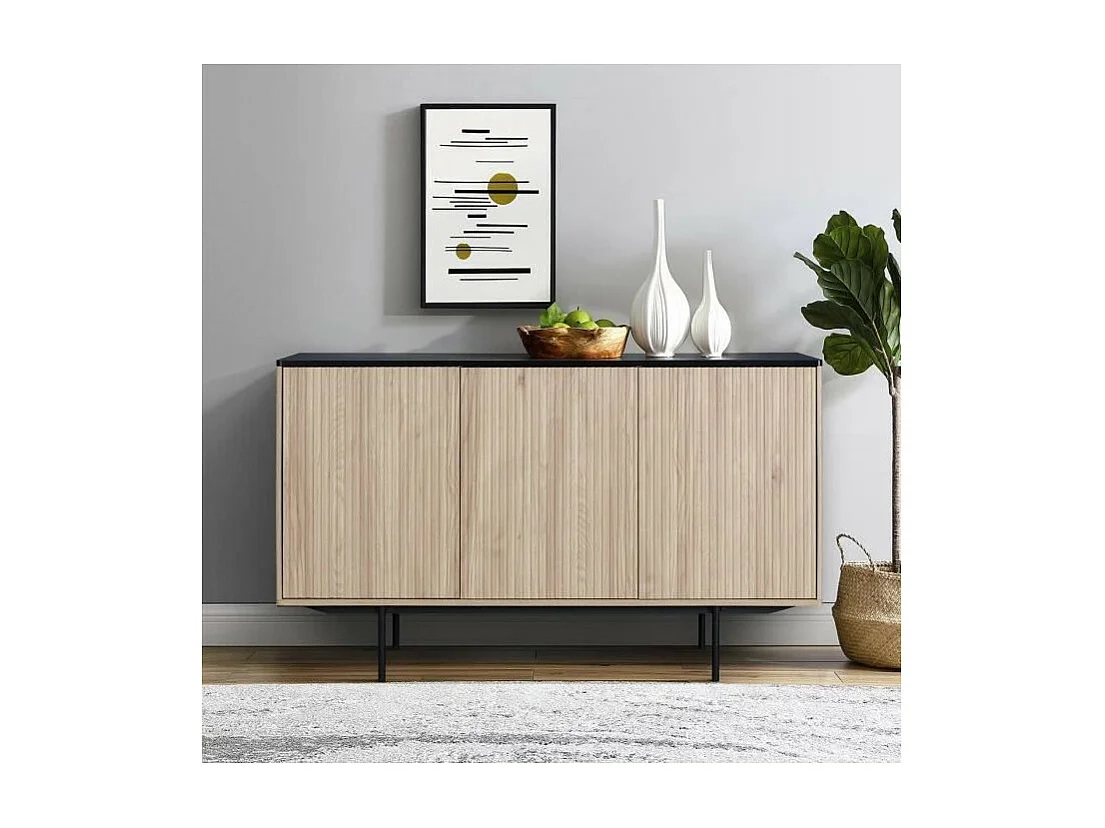 Buffet - Décor bois et noir - 3 portes - MEMPHIS - L 140 x P 39 x H 82,80 cm