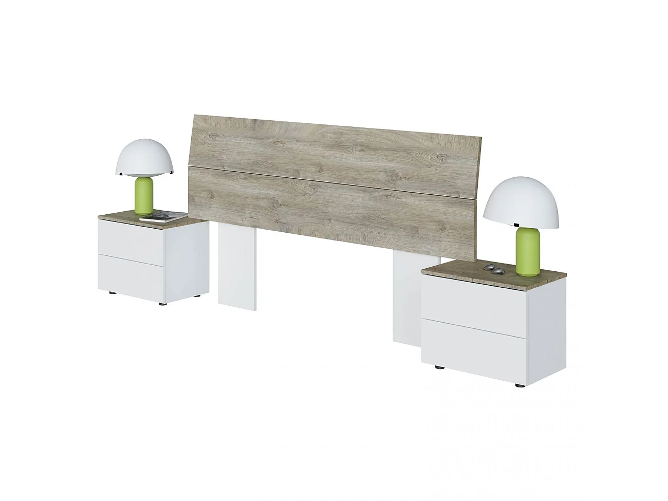Cabeceira New Dreams com mesas de cabeceira Blanco Artik (Blanco Mate) – Roble Alaska