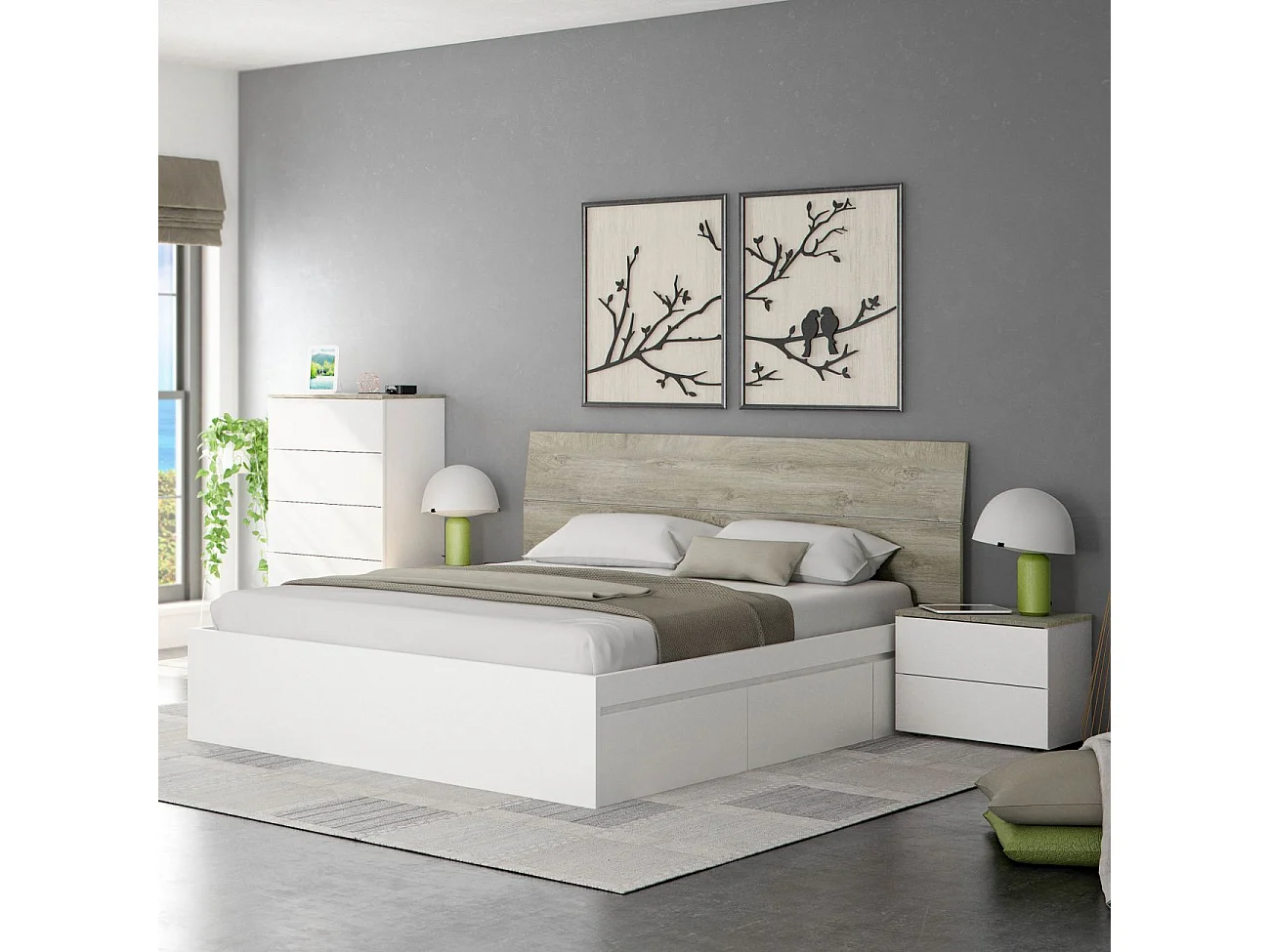 Cabeceira New Dreams com mesas de cabeceira Blanco Artik (Blanco Mate) – Roble Alaska