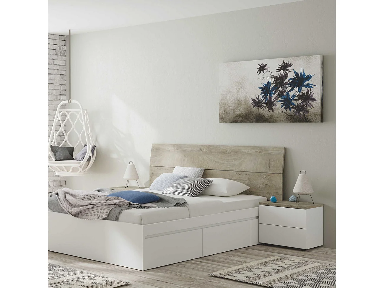 Cabeceira New Dreams com mesas de cabeceira Blanco Artik (Blanco Mate) – Roble Alaska