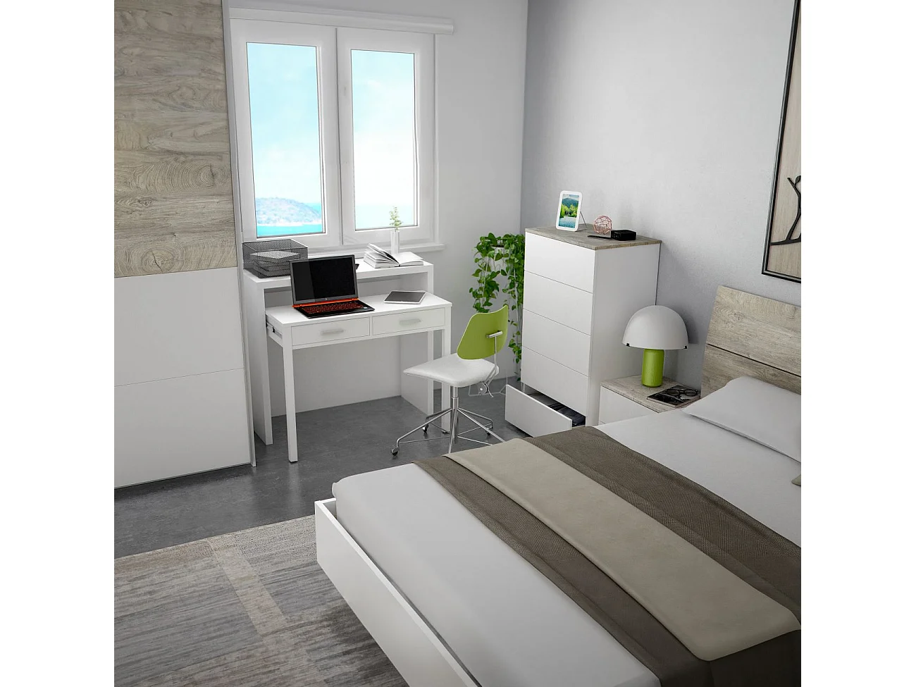 Cabeceira New Dreams com mesas de cabeceira Blanco Artik (Blanco Mate) – Roble Alaska