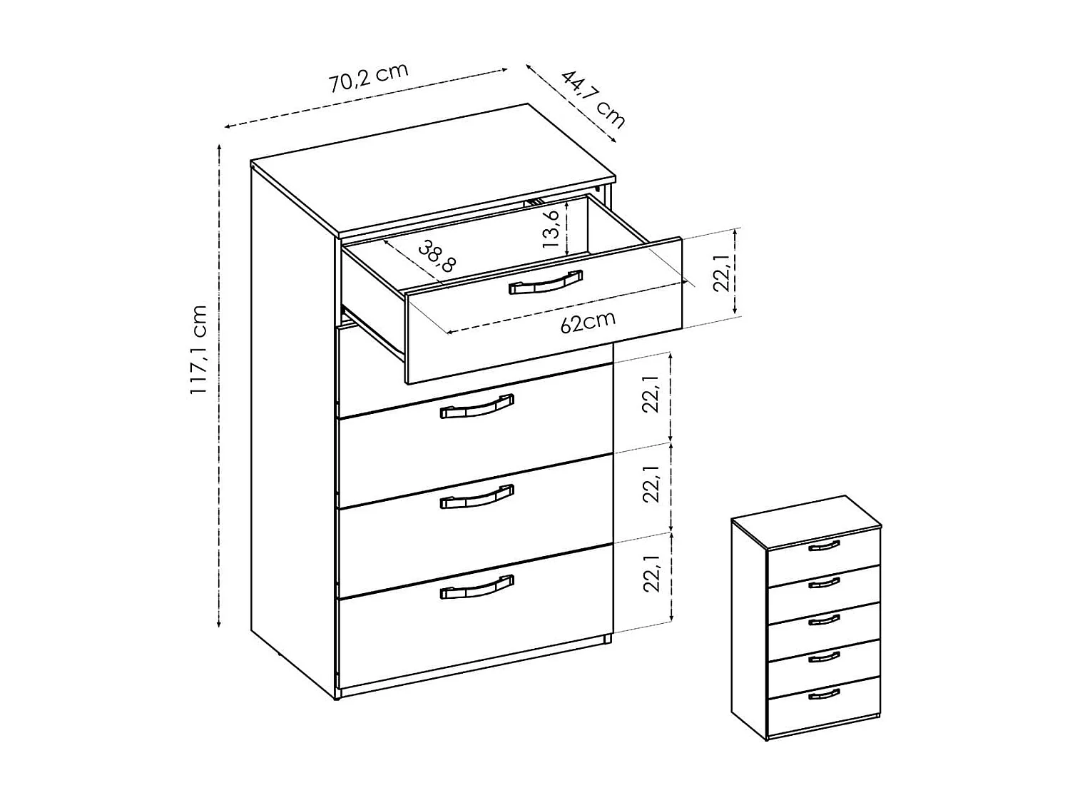 Cómoda Vasa 5 cajones natural 117,1x70,2x44,7 cm