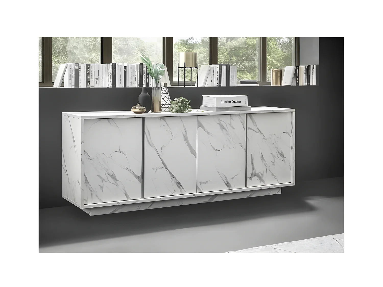 Buffet 4 Portes - Marbre blanc - L 180 x P 43 x H 70 Cm - MARMO