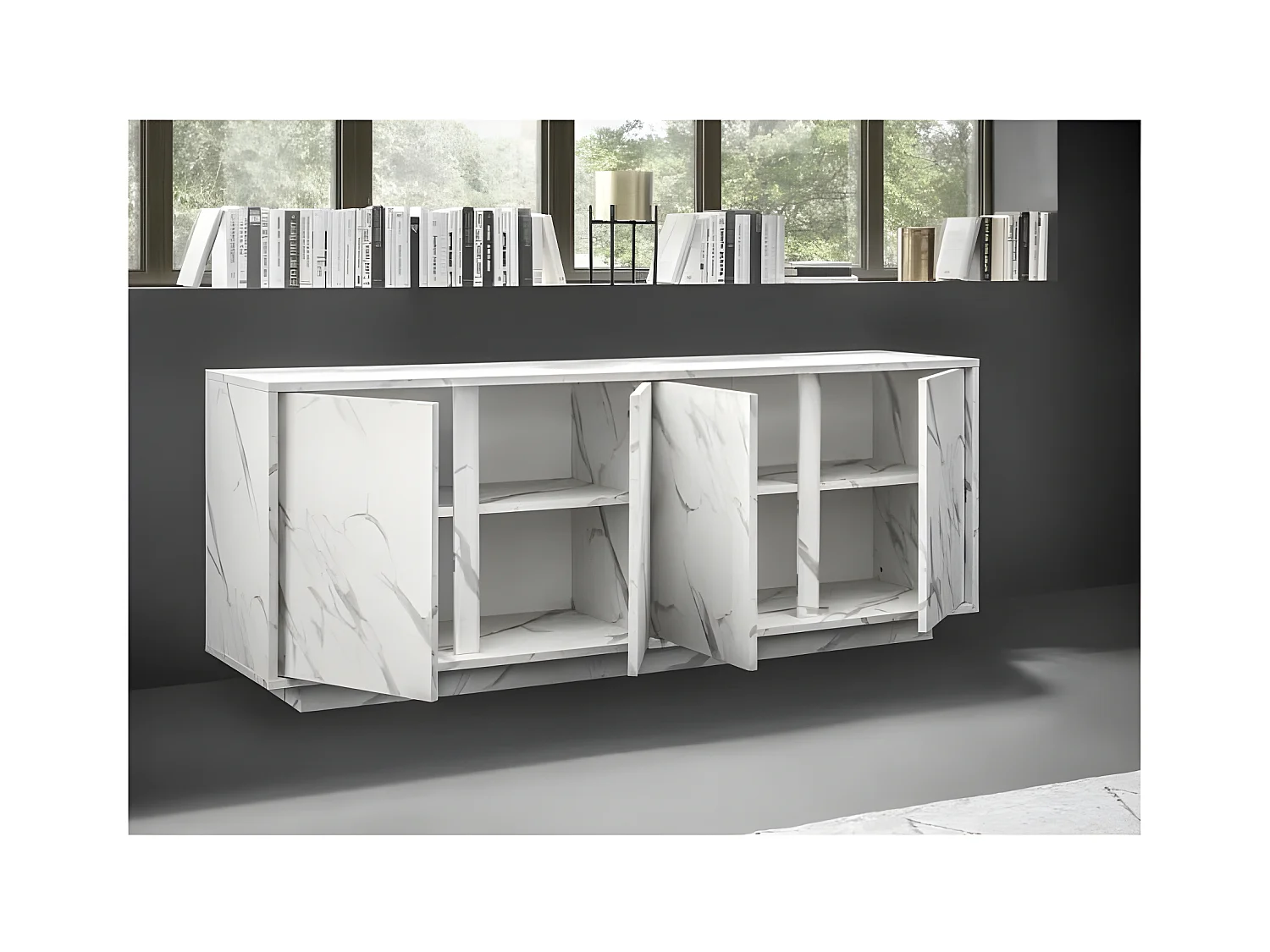 Buffet 4 Portes - Marbre blanc - L 180 x P 43 x H 70 Cm - MARMO