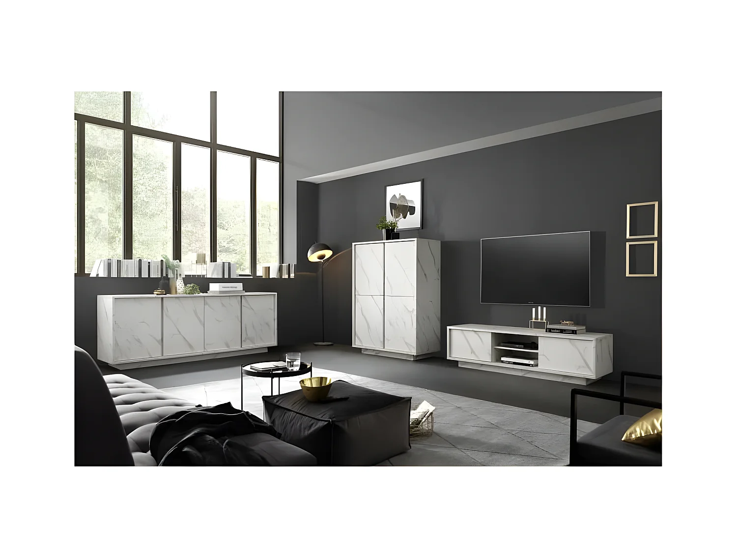 Buffet 4 Portes - Marbre blanc - L 180 x P 43 x H 70 Cm - MARMO