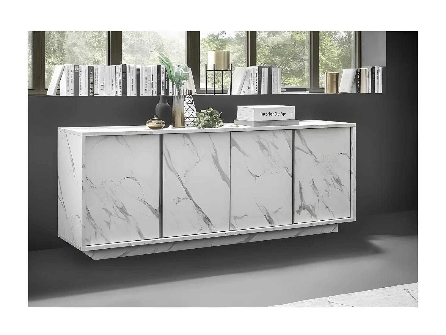 Buffet 4 Portes - Marbre blanc - L 180 x P 43 x H 70 Cm - MARMO