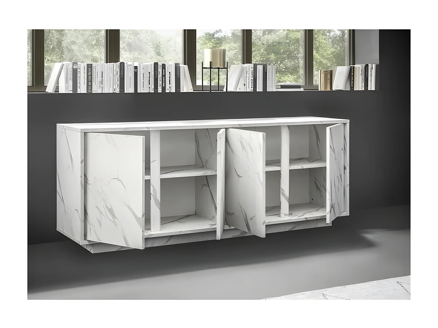 Buffet 4 Portes - Marbre blanc - L 180 x P 43 x H 70 Cm - MARMO