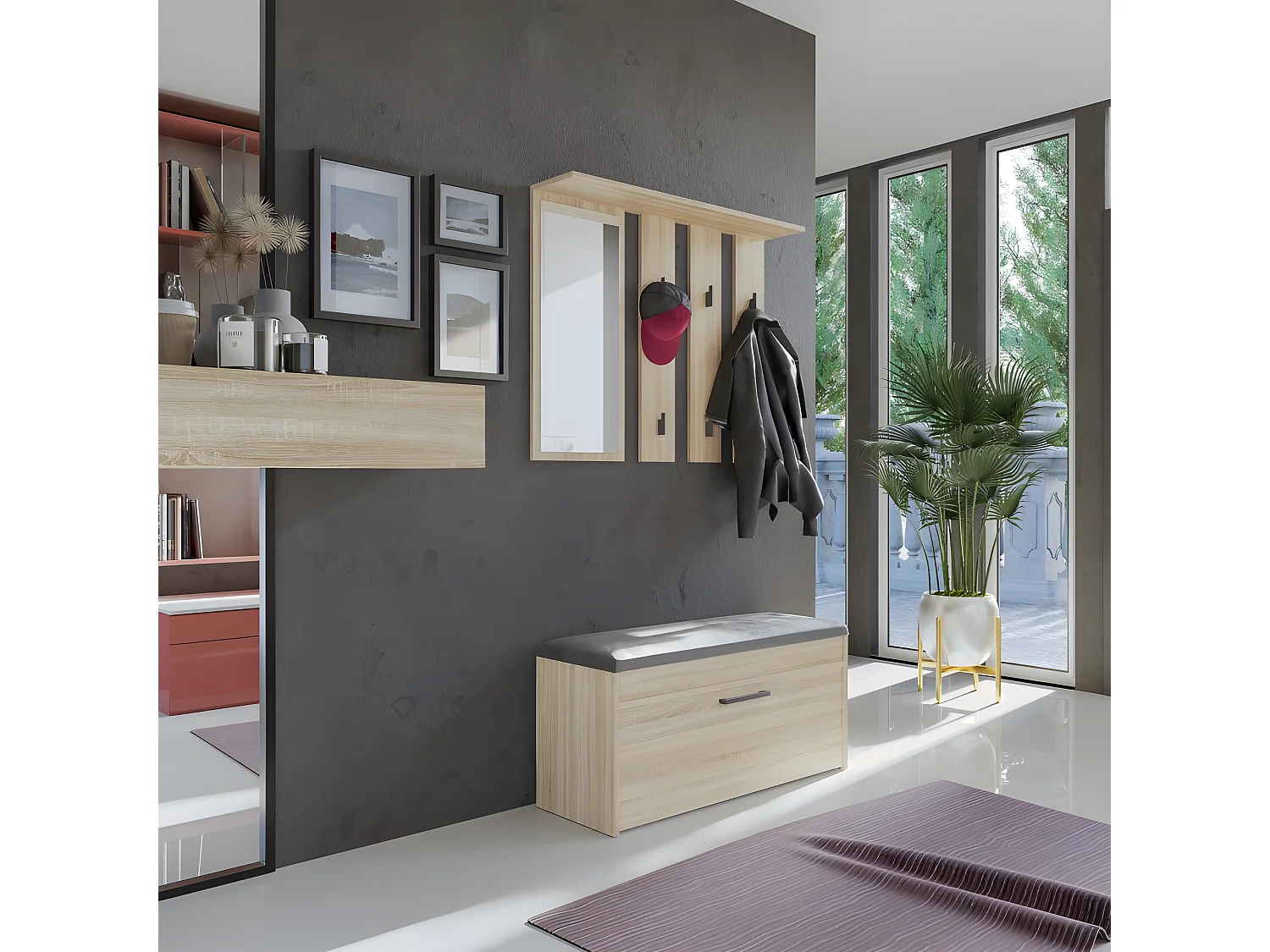 PARMI - Patère murale avec mirroir - Portmanteau mural - 100x15x81.5 cm - 6 crochets - Meuble entrée