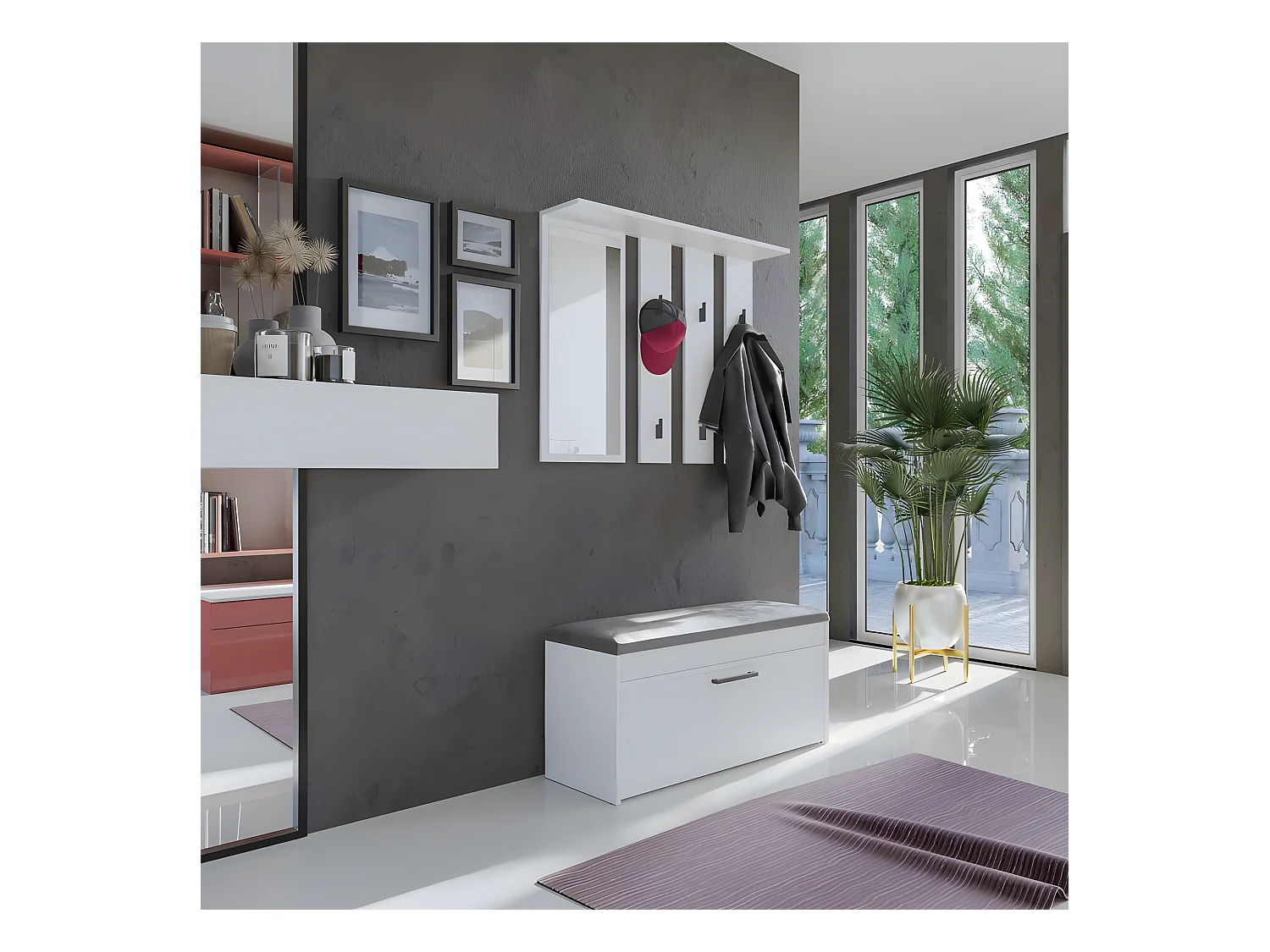 PARMI - Patère murale avec mirroir - Portmanteau mural - 100x15x81.5 cm - 6 crochets - Meuble entrée