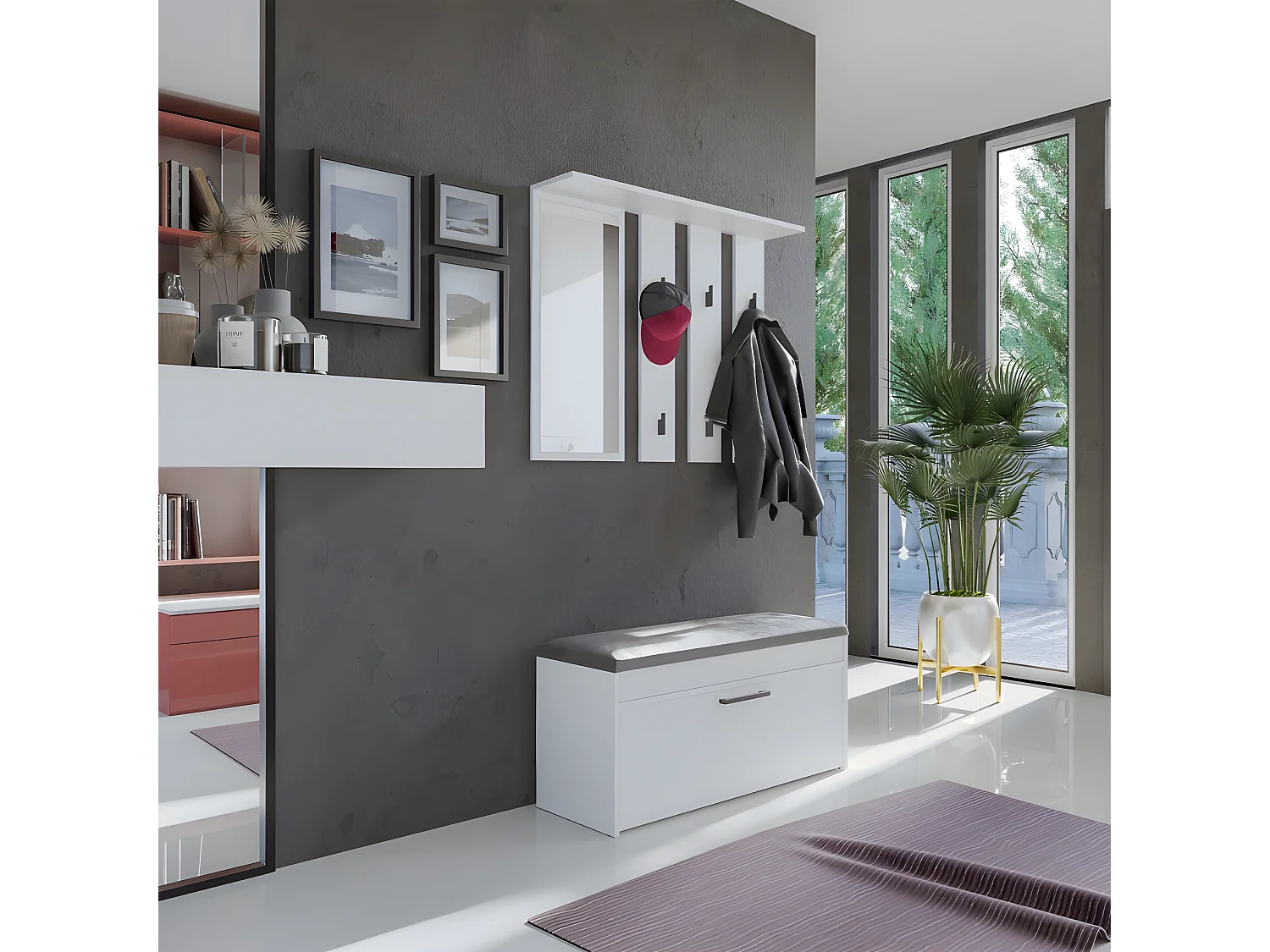 PARMI - Appendiabiti da parete con specchio - Appendiabiti da parete - 100x15x81,5 cm - 6 ganci - Mobile ingresso