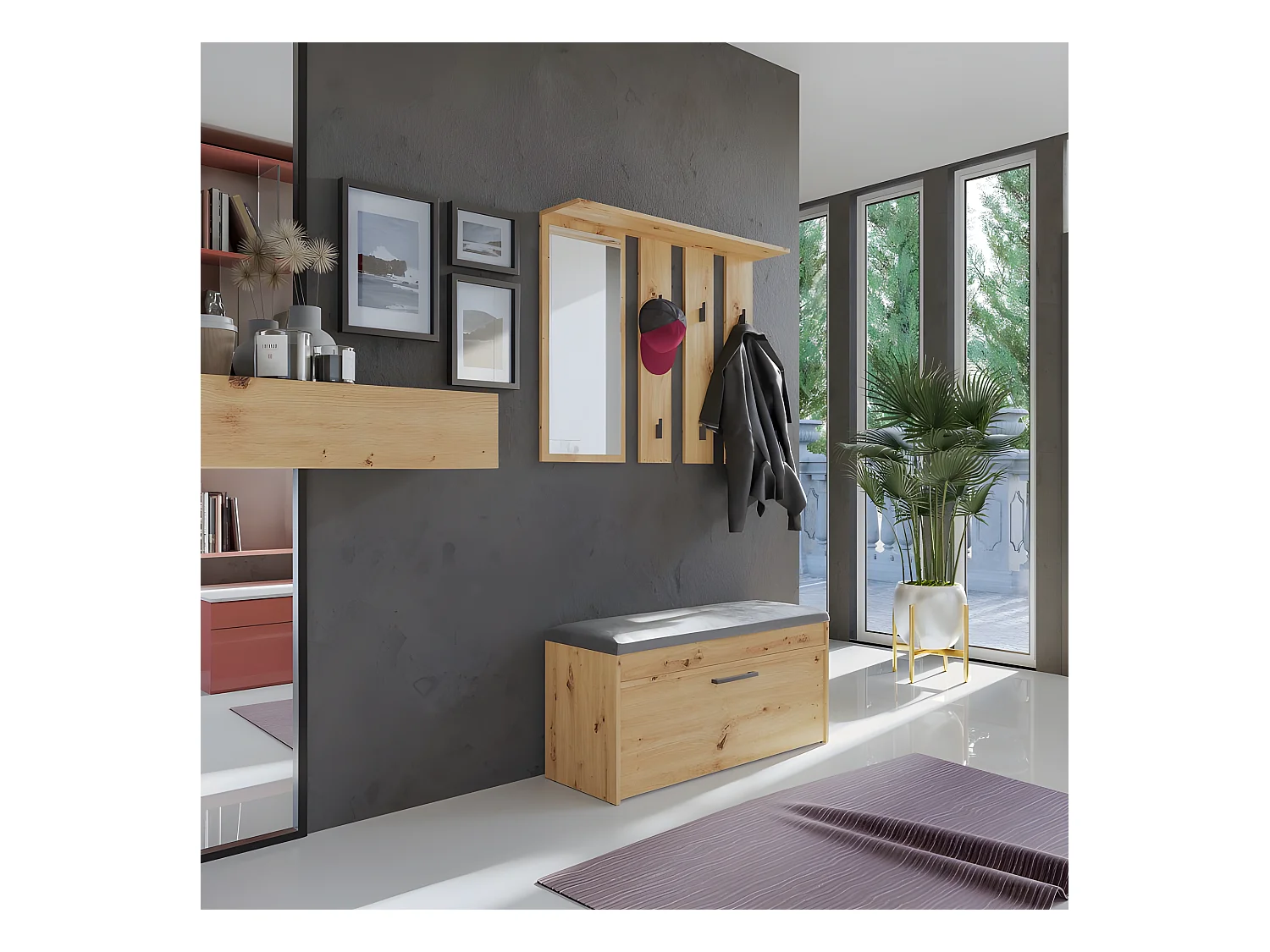 PARMI - Perchero de pared con espejo - Perchero de pared - 100x15x81,5 cm - 6 ganchos - Mueble de entrada