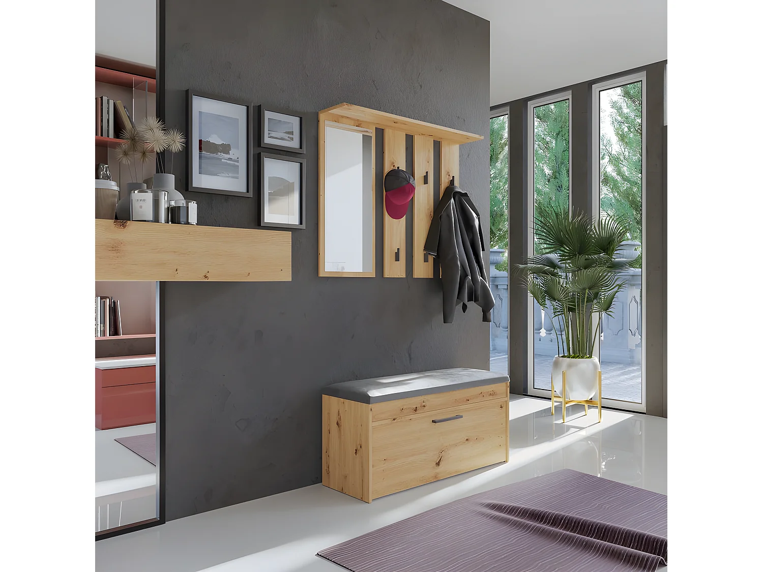 PARMI - Perchero de pared con espejo - Perchero de pared - 100x15x81,5 cm - 6 ganchos - Mueble de entrada