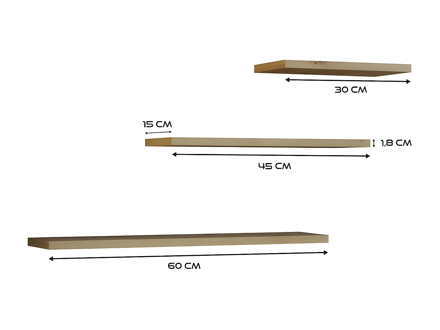 NOBI - Juego de 3 estantes de pared - 60/45/30 cm - Estantes colgantes para libros