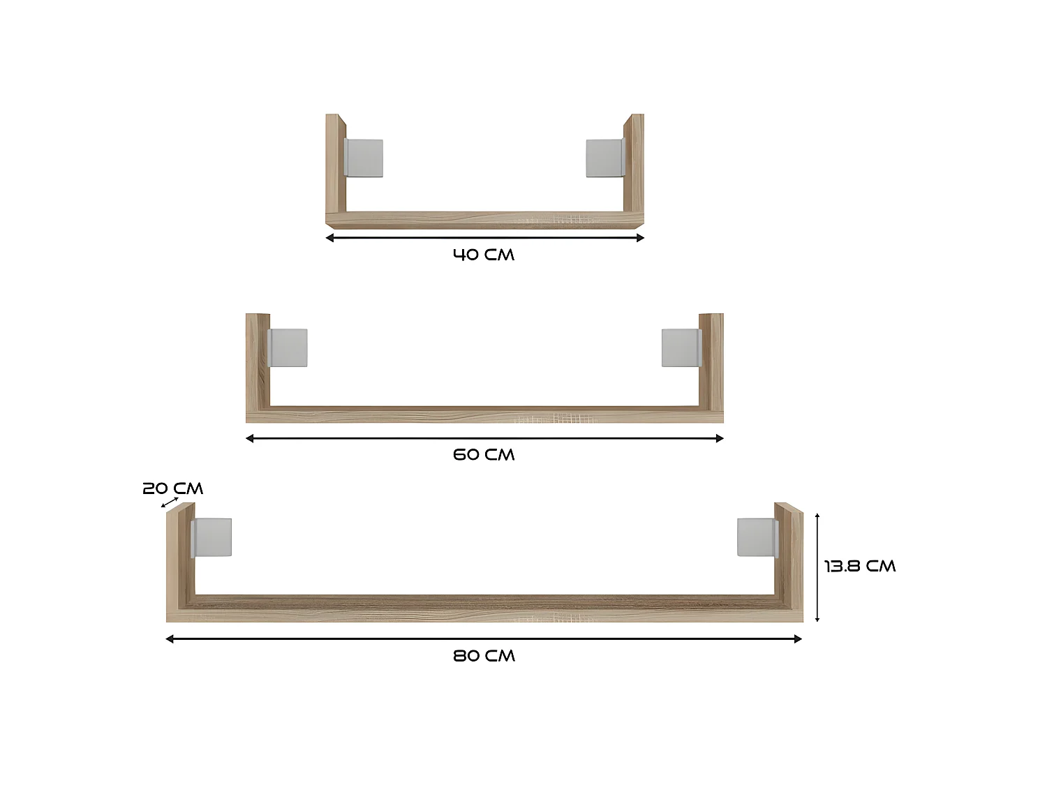 MOBBI - Lot de 3 étagères murales - 80/60/40 cm - Etagère livres à suspendre