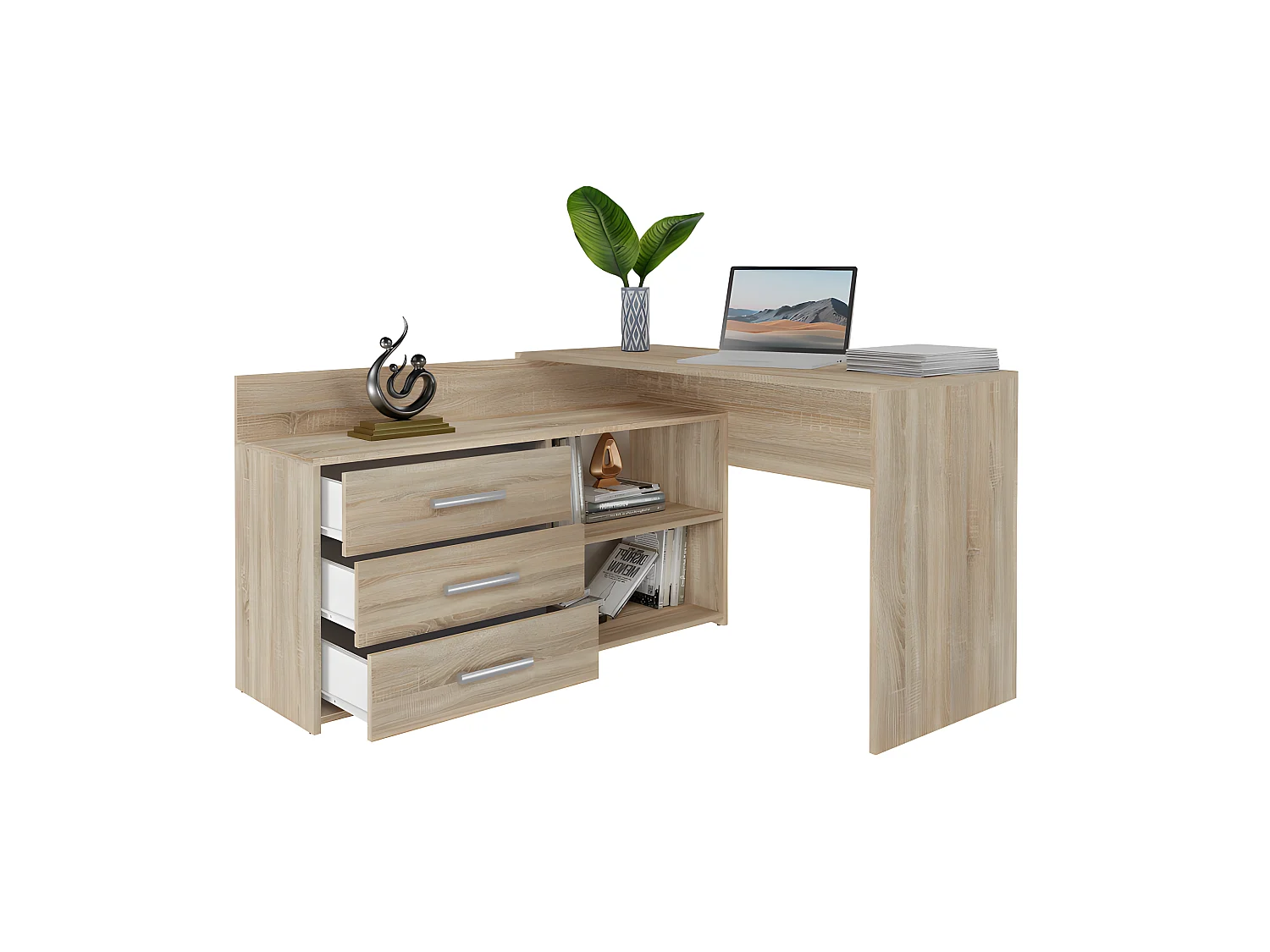 MOLINE - Escritorio esquinero con almacenaje - 3 cajones + 2 estantes - 120x50x76 cm - Escritorio para ordenador