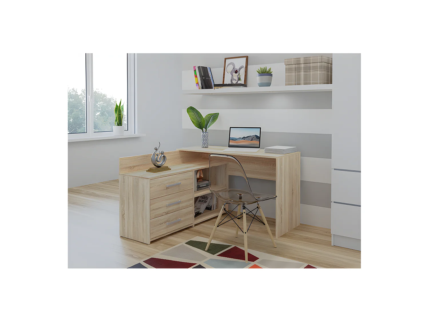 MOLINE - Escritorio esquinero con almacenaje - 3 cajones + 2 estantes - 120x50x76 cm - Escritorio para ordenador