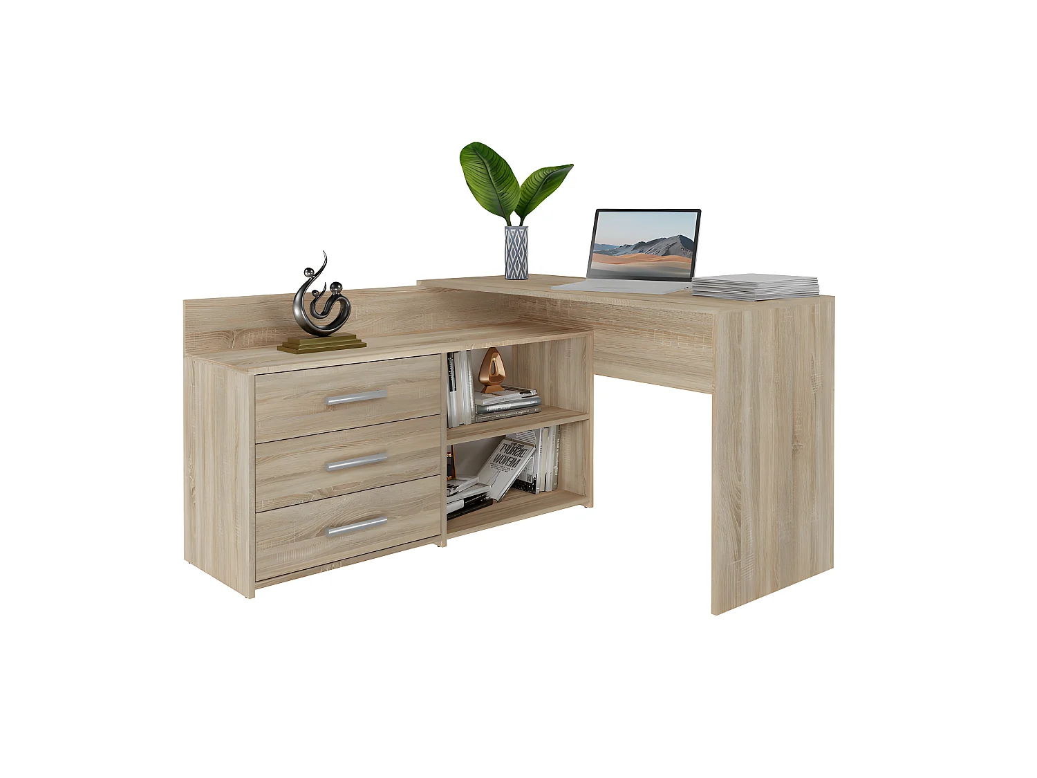 MOLINE - Bureau d'angle avec rangement - 3 tiroirs + 2 etagères - 120x50x76 cm - Bureau d'ordinateur