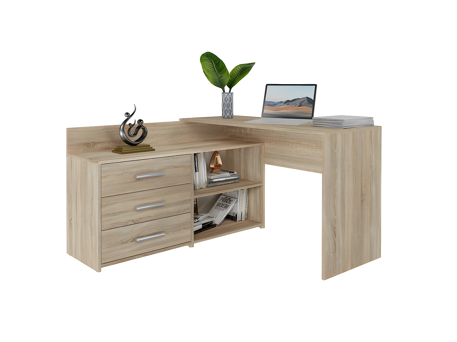 MOLINE - Bureau d'angle avec rangement - 3 tiroirs + 2 etagères - 120x50x76 cm - Bureau d'ordinateur