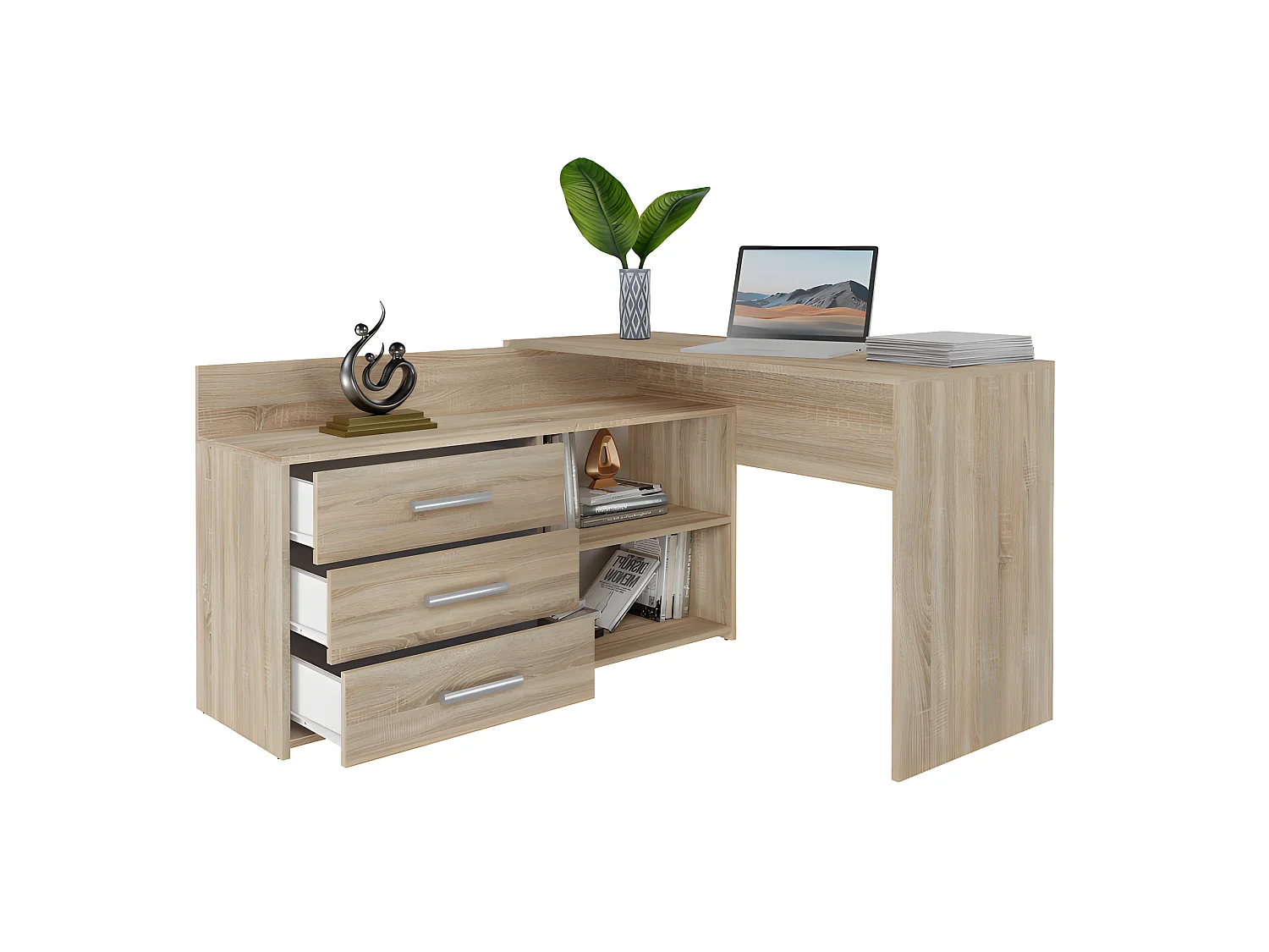 MOLINE - Bureau d'angle avec rangement - 3 tiroirs + 2 etagères - 120x50x76 cm - Bureau d'ordinateur