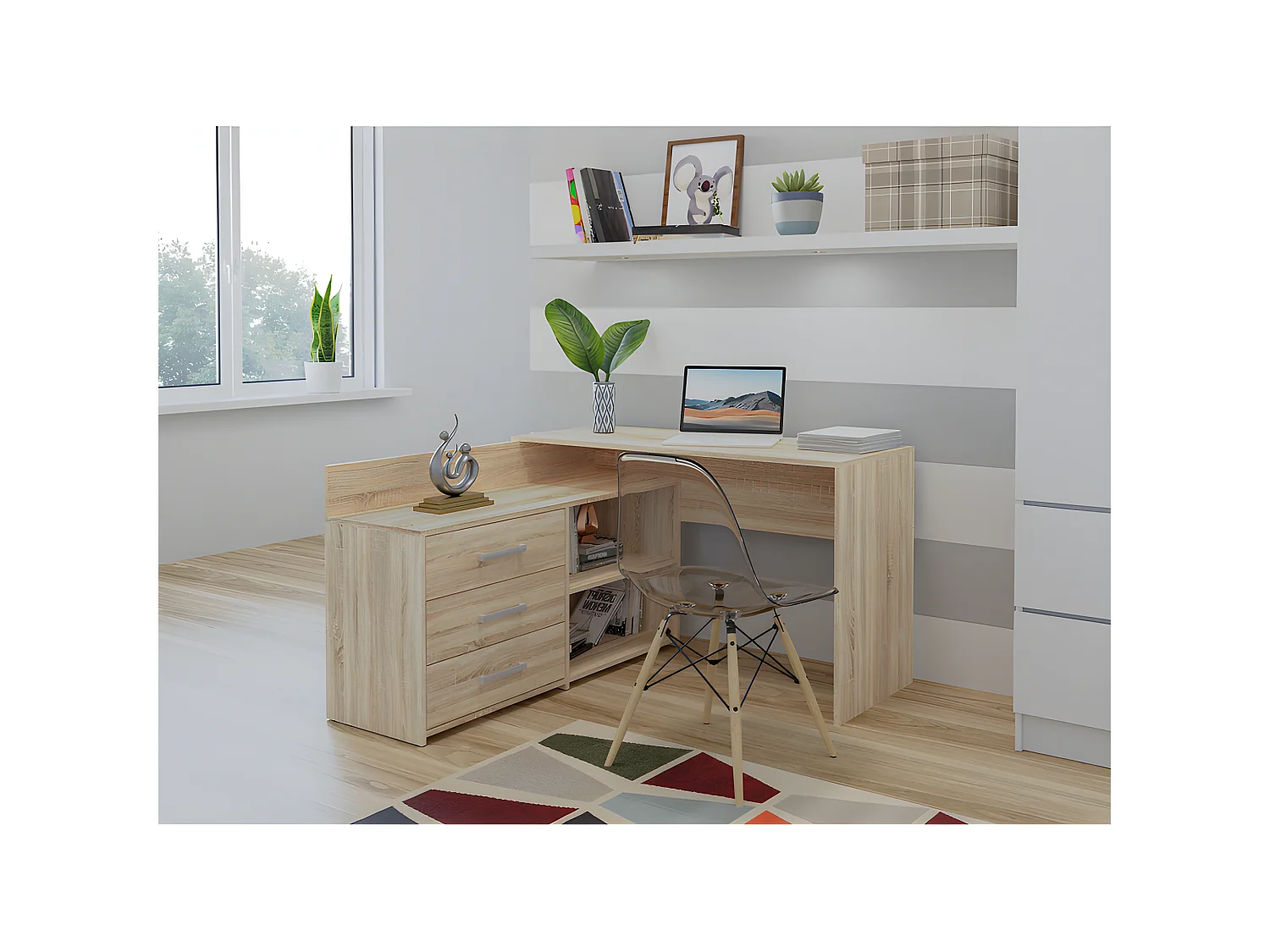 MOLINE - Bureau d'angle avec rangement - 3 tiroirs + 2 etagères - 120x50x76 cm - Bureau d'ordinateur