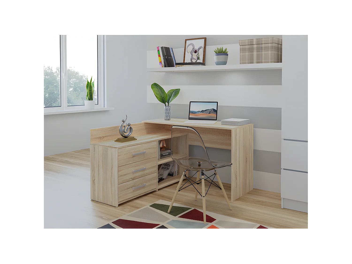 MOLINE - Scrivania angolare con contenitore - 3 cassetti + 2 ripiani - 120x50x76 cm - Scrivania per computer