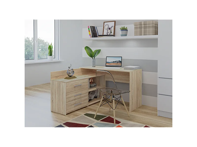 MOLINE - Scrivania angolare con contenitore - 3 cassetti + 2 ripiani - 120x50x76 cm - Scrivania per computer