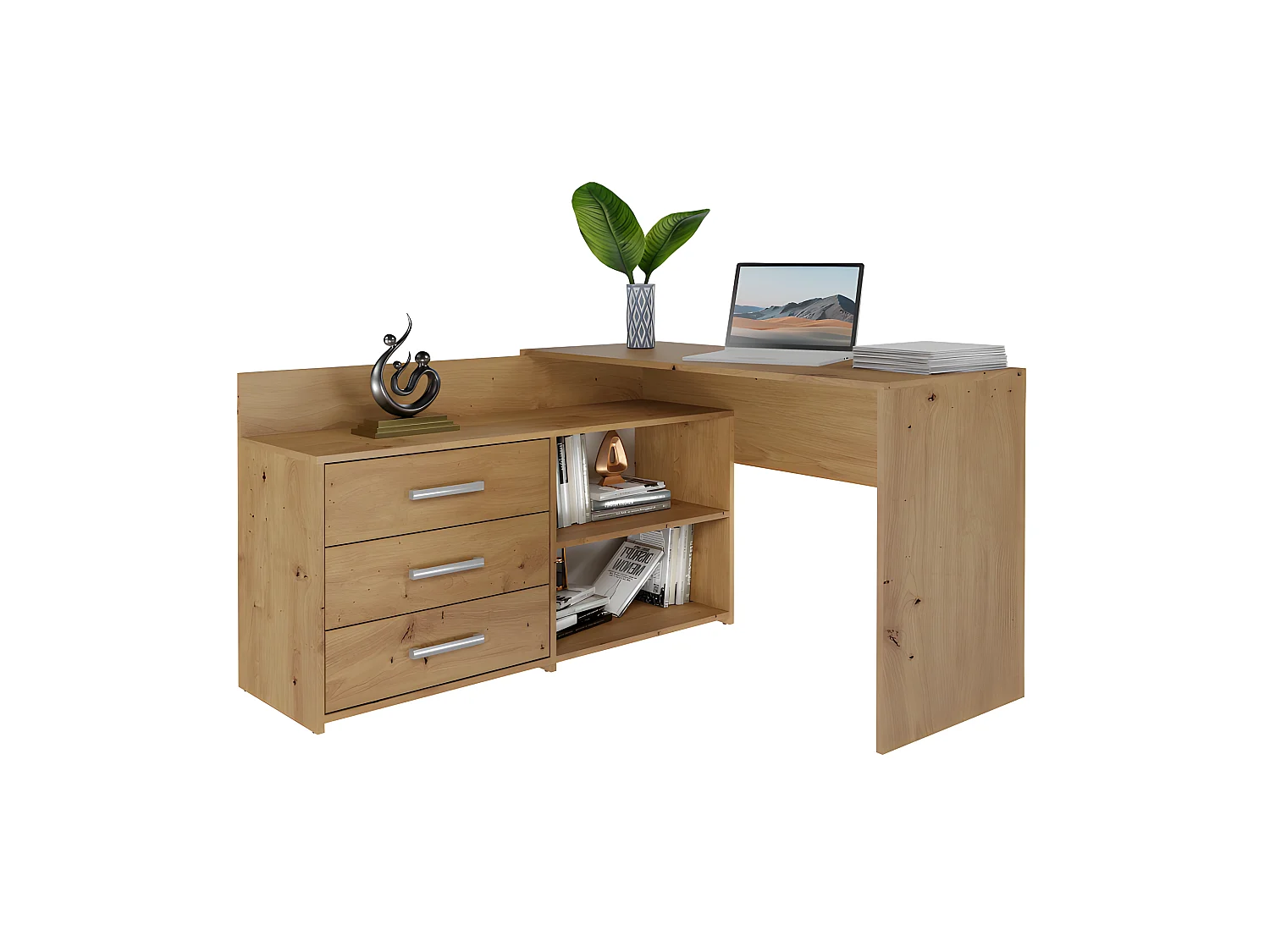 MOLINE - Escritorio esquinero con almacenaje - 3 cajones + 2 estantes - 120x50x76 cm - Escritorio para ordenador