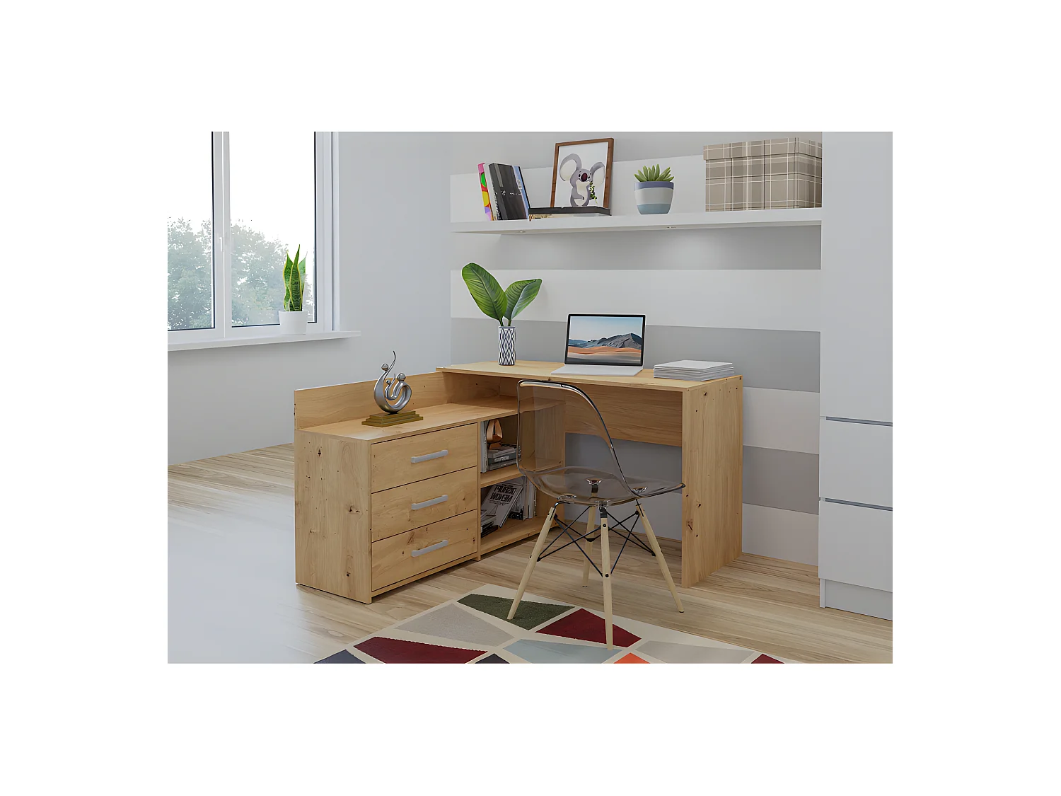 MOLINE - Escritorio esquinero con almacenaje - 3 cajones + 2 estantes - 120x50x76 cm - Escritorio para ordenador