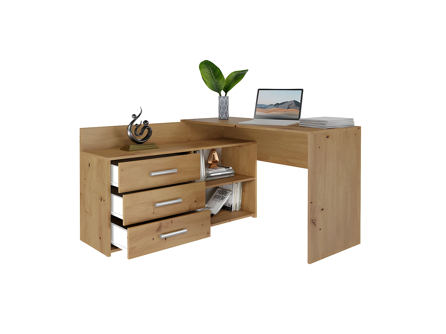 MOLINE - Escritorio esquinero con almacenaje - 3 cajones + 2 estantes - 120x50x76 cm - Escritorio para ordenador