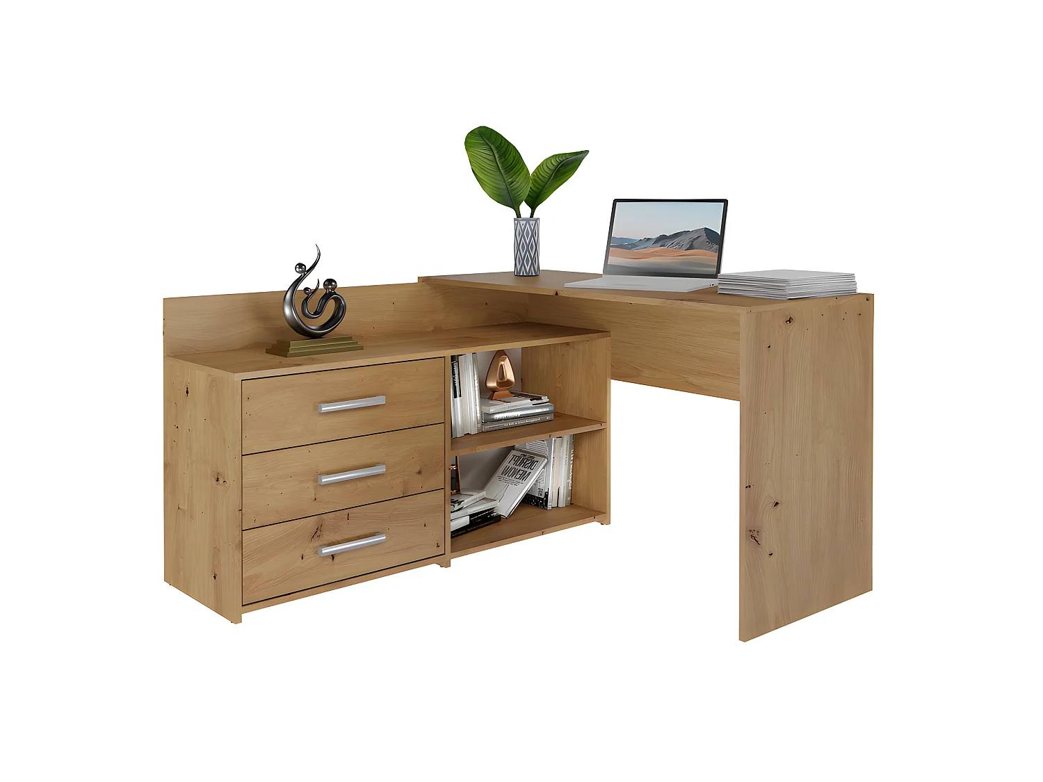 MOLINE - Escritorio esquinero con almacenaje - 3 cajones + 2 estantes - 120x50x76 cm - Escritorio para ordenador