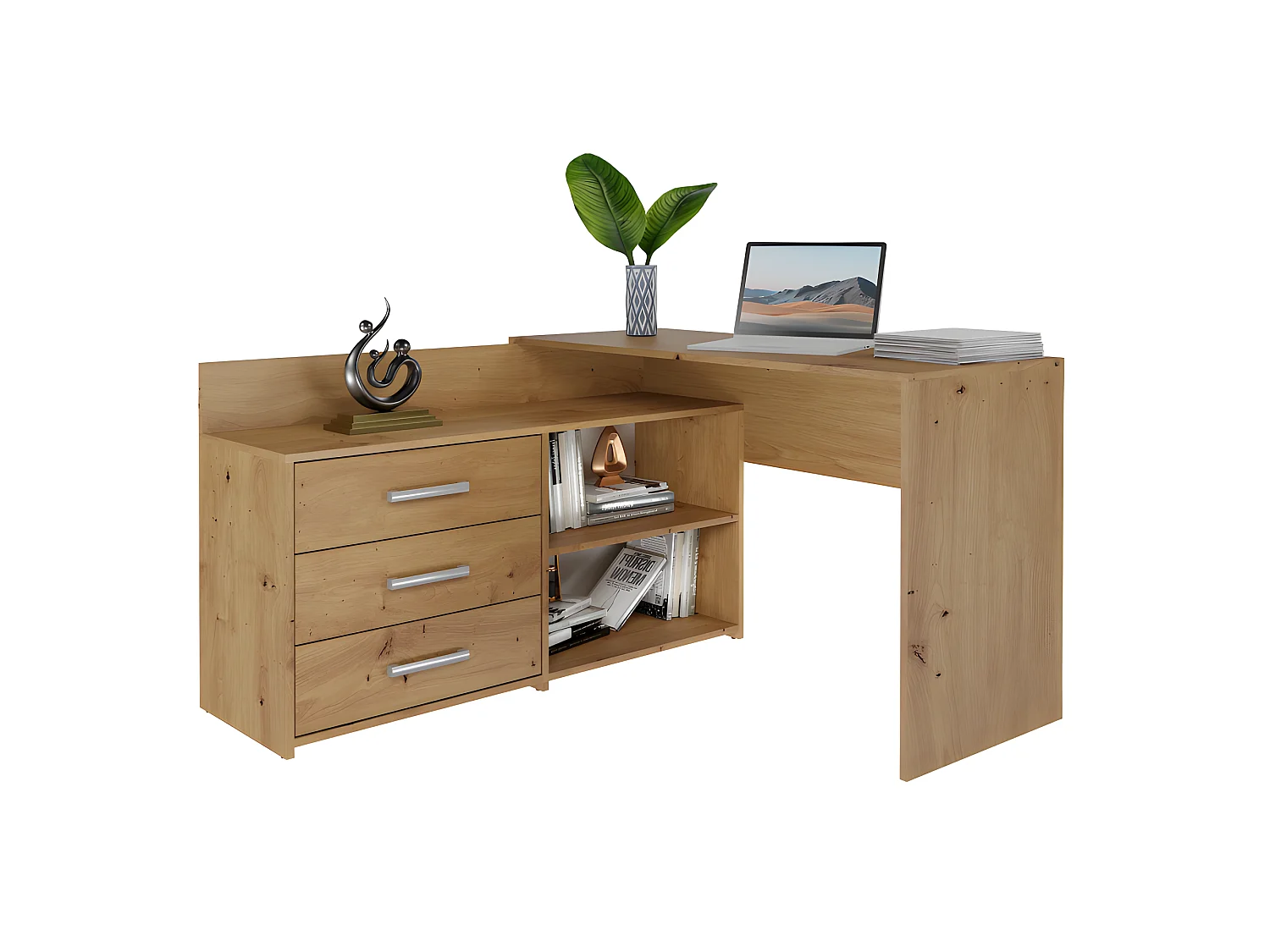 MOLINE - Scrivania angolare con contenitore - 3 cassetti + 2 ripiani - 120x50x76 cm - Scrivania per computer