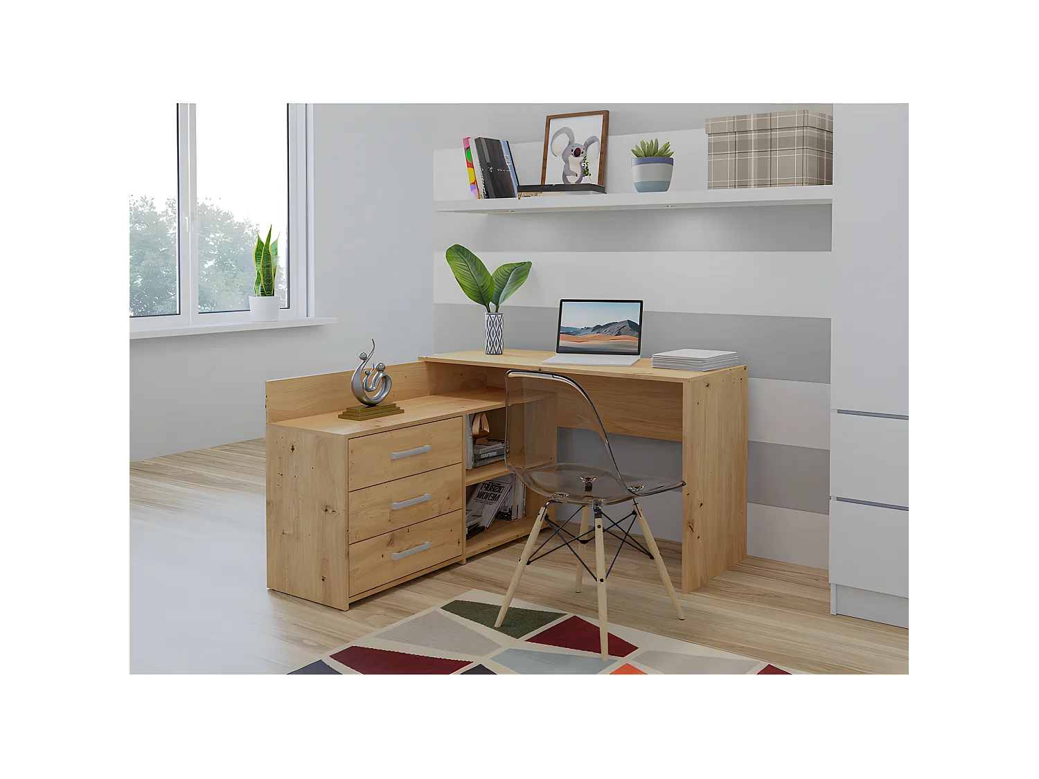 MOLINE - Scrivania angolare con contenitore - 3 cassetti + 2 ripiani - 120x50x76 cm - Scrivania per computer