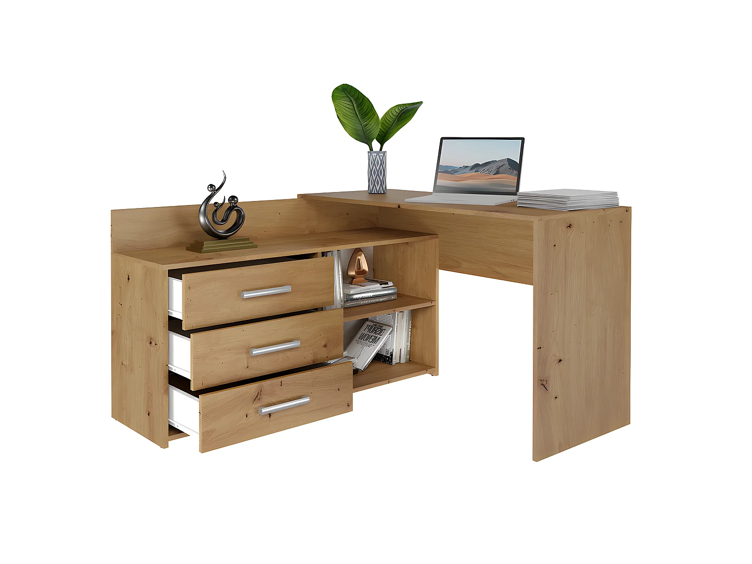 MOLINE - Scrivania angolare con contenitore - 3 cassetti + 2 ripiani - 120x50x76 cm - Scrivania per computer