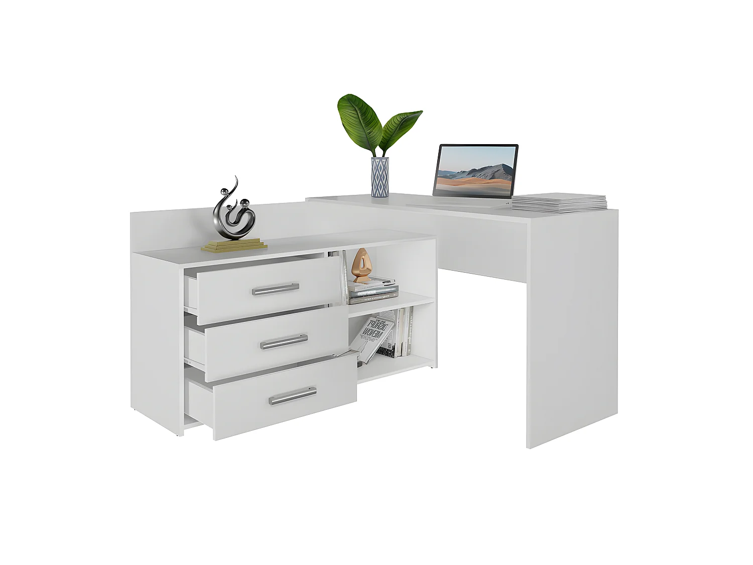 MOLINE - Scrivania angolare con contenitore - 3 cassetti + 2 ripiani - 120x50x76 cm - Scrivania per computer